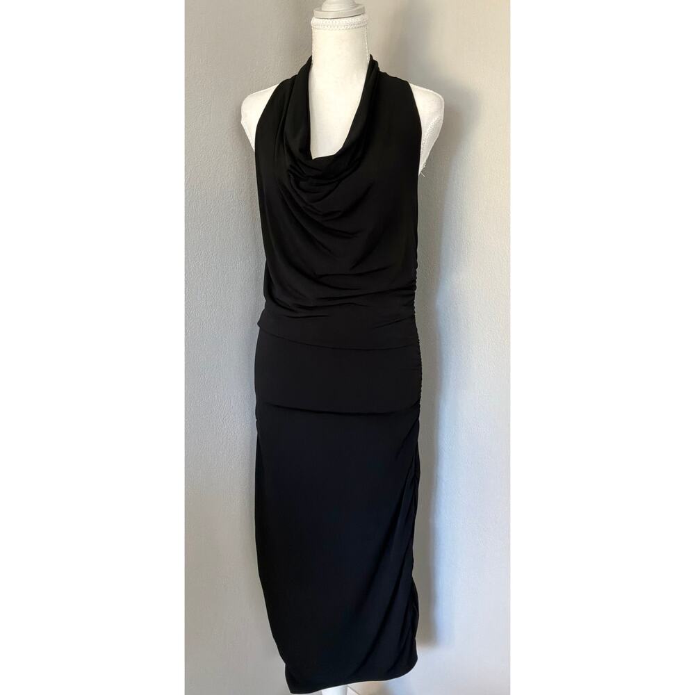 Michael Kors Black Halter Cowl Neck Midi Dress Size Small Ruched Bodycon Stretch